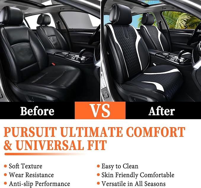Coverado Front Seat Covers, 2PCS Waterproof Seat Covers for Cars, Car Seat Cushion Waterproof Leather Car Seat Protector, Driver Seat Cover Universal Fit for Most Sedans SUV Truck Black&White