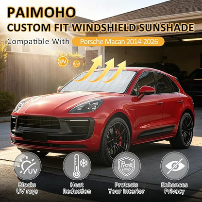 Thickened Windshield Sun Shade for 2014-2026 Porsche Macan | Accordion Front Window Sunshade Aluminum Reflective UV Protection Shield, Foldable Sun Visor with Storage Bag Car accessories