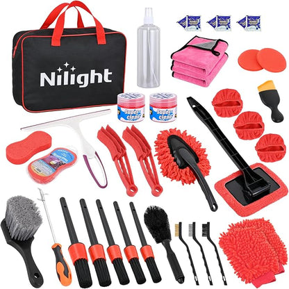 Nilight 37PCS Car Detailing Kit Auto Cleaning Tools Wash Set with Storage Carry Bag Home Use for Interior Exterior Deep Clean Car Care Windshield Dashboard Seat Air Vents Wheels Tires, Red