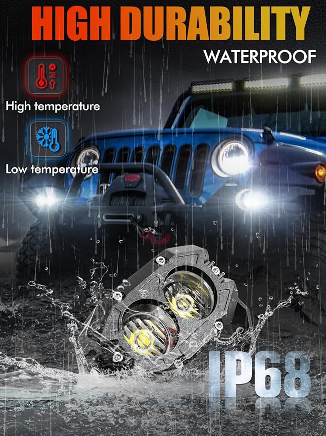 MAYELLO 4Inch LED Pod Lights - 60W White Flood Beam Off Road & Fog Lights with 12D Corrugated Lens, Compatible with Jeep Wrangler, Truck, Pickup, ATV, UTV, SUV, Motor Car, Boat