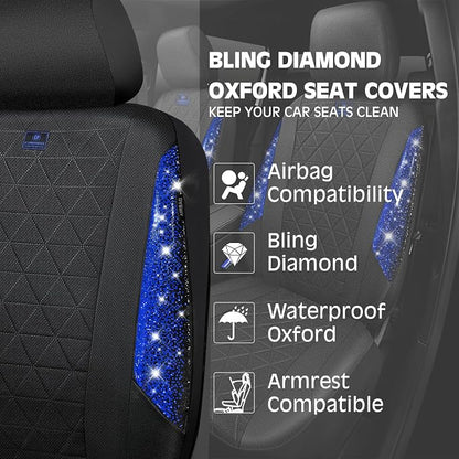 CAR PASS Oxford Bling Diamond Car Seat Covers 2 Front Interior Sets, Waterproof Shining Glitter Sparkly Crystal Universal Armrest Fit 95% Automotive Truck SUV Cute Women Girl, Black Blue Rhinestone