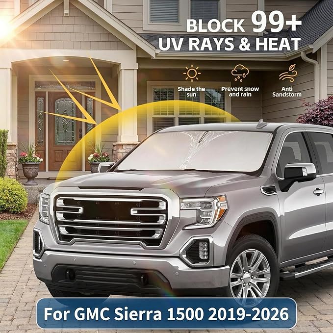 Windshield Sun Shade for GMC Sierra 1500 2500 3500 SLT AT4 Denali 2019-2024 2025 2026 Front Window Shade Custom Fit Sun Visor Foldable Shade Blocks UV Rays Summer Must Have Car Accessories