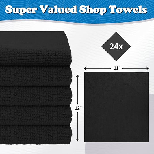 FIXSMITH Microfiber Cleaning Cloth, Shop Towels Bulk, 24 Pack Black Microfiber Towels for Cars, All-Purpose Absorbent Cleaning Rags, Dust Cloth for Automotive, Mechanic, Garage, Bar, 12 x 11 inch