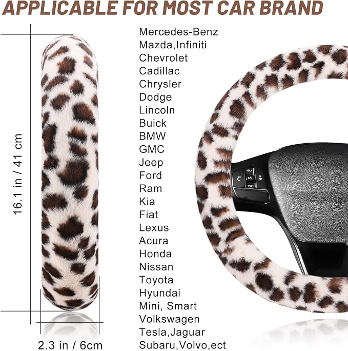 Fuzzy Steering Wheel Cover for Women Girls, Accmor Universal Fit 15 inch Fur Car Wheel Cover & Handbrake Cover & Gear Shift Cover Set, Fashion Leopard Winter Warm Fluffy Vehicle Wheel Protector