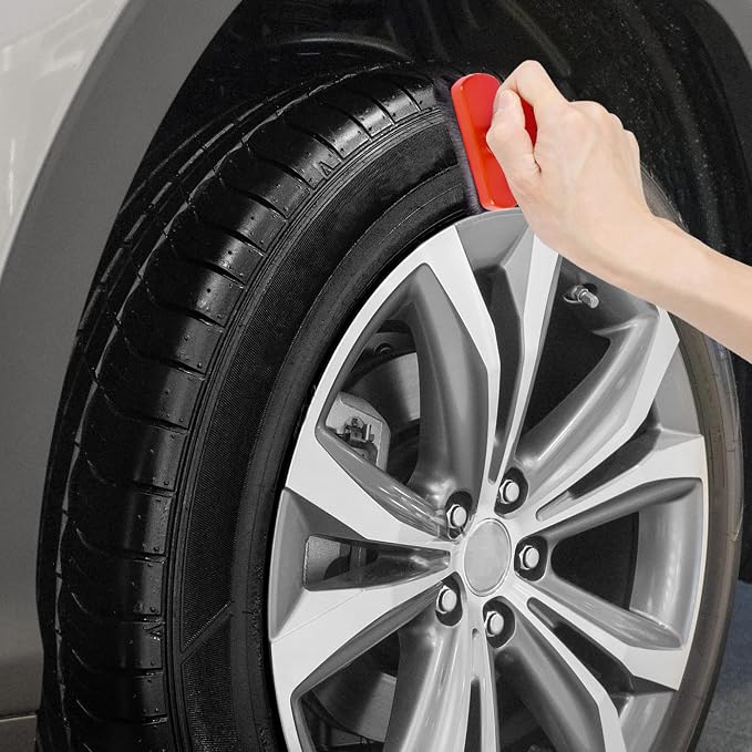 Large Tire Shine Applicator Brush,Vegan Tire Shine Applicator with Curved Brush Head - Automotive Tire Dressing Applicator Brush with Storage Stand for Tire Detailing, 3.6 Inch Length (Red)