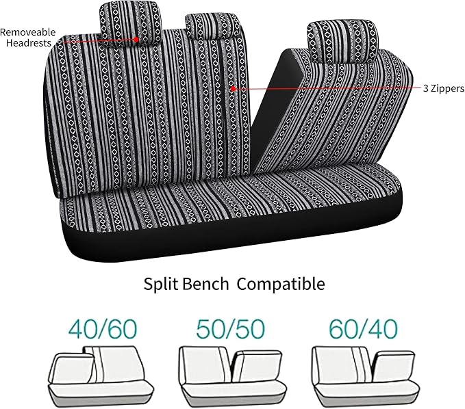 HAIYAOTIMES Baja Saddle Blanket Car Seat Covers Full Set with Seat Belt Pads, Washable Breathable Seat Covers for Cars, Universal Fit Interior Covers for Most Cars, Airbag Compatible, Black/White