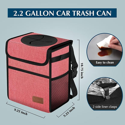 Femuar Car Trash Can with Lid - Leak Proof, Waterproof, Multipurpose Car Hanging for Headrest, Collapsible, Portable with Storage Mesh Pocket, Pink