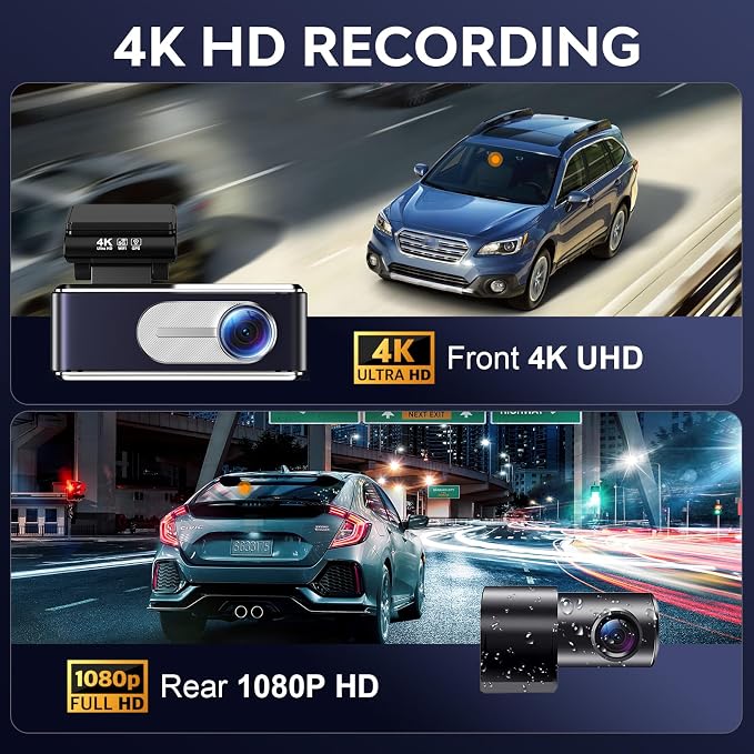 4K Dash Cam Front and Rear,with 64GB Card,Built in 5.8GHz WiFi & GPS Car Camera,Super Night Vision,Advanced Driver Assistance System,3.2'IPS Screen,24H Parking Mode,Time-Lapse,Loop Recording