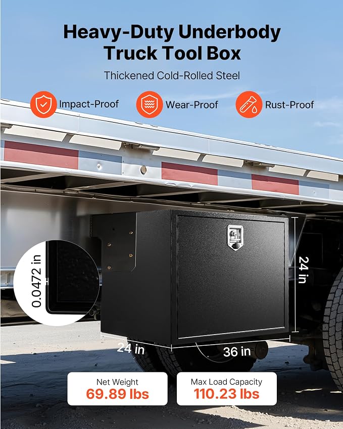 VEVOR Underbody Truck Tool Box, 36 x 24 x 24 Inch Heavy Duty Steel Trailer Storage Box with Lock & Keys, Waterproof Trailer Storage Organizer Under Body Chest with T-Handle for Truck, Van, SUV, Black