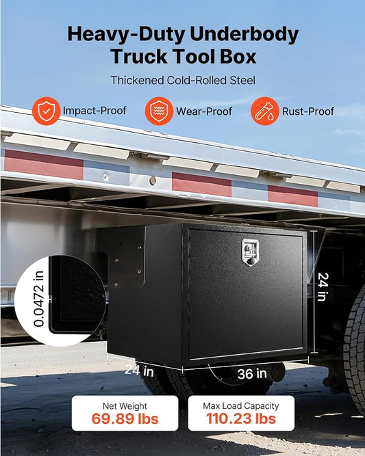 VEVOR Underbody Truck Tool Box, 36 x 24 x 24 Inch Heavy Duty Steel Trailer Storage Box with Lock & Keys, Waterproof Trailer Storage Organizer Under Body Chest with T-Handle for Truck, Van, SUV, Black