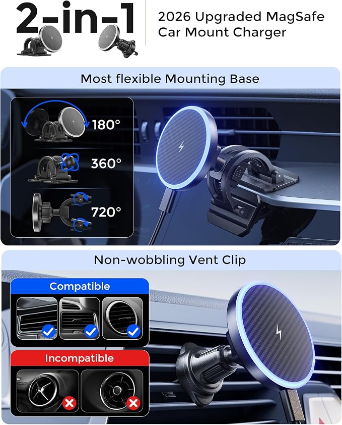 2-in-1 15W Magsafe Car Mount Charger, Magnetic Wireless Car Charger, 360° Dashboard & Air Vent Phone Mount, Phone Holders for Your Car, Car Accessories for Men Women for iPhone 17-12