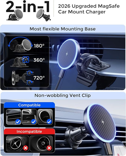 2-in-1 15W Magsafe Car Mount Charger, Magnetic Wireless Car Charger, 360° Dashboard & Air Vent Phone Mount, Phone Holders for Your Car, Car Accessories for Men Women for iPhone 17-12