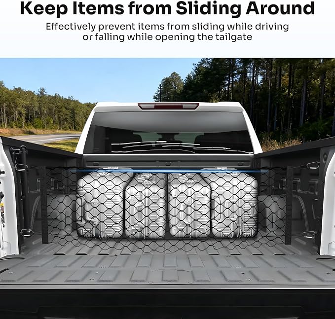 Canvcle Truck Bed Cargo Net for 2019-2025 2026 GMC Sierra 1500/2020-2026 Chevy Silverado 2500 3500 Accessories Envelope Style Mesh Trunk Net Organizer and Storage Stretchable Nylon Rear Cargo Netting