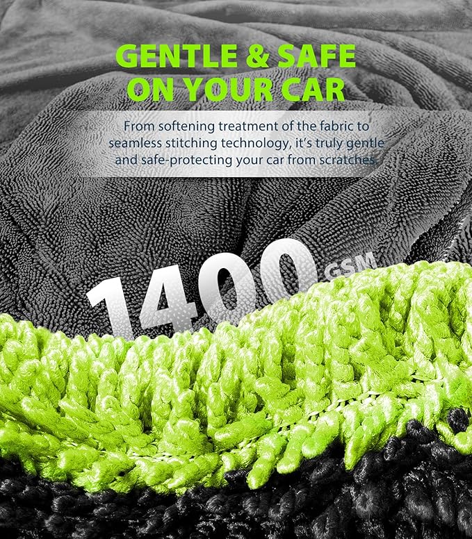 KKV Full-Sized SUV Drying Towel, 48”x24” Dual Sided Microfiber Car Cleaning Towel with Twisting Yarn Technique, 1400GSM Super Absorbent, Scratch-Free, Machine Washable (Darkgray-GreenYellow)