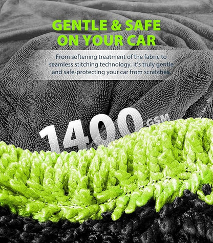KKV Full-Sized SUV Drying Towel, 48”x24” Dual Sided Microfiber Car Cleaning Towel with Twisting Yarn Technique, 1400GSM Super Absorbent, Scratch-Free, Machine Washable (Darkgray-GreenYellow)