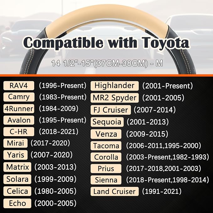 GIANT PANDA Car Steering Wheel Cover for Toyota RAV4,Camry,Highlander,Corolla,Prius,Tacoma,Standard Size - Black+Beige