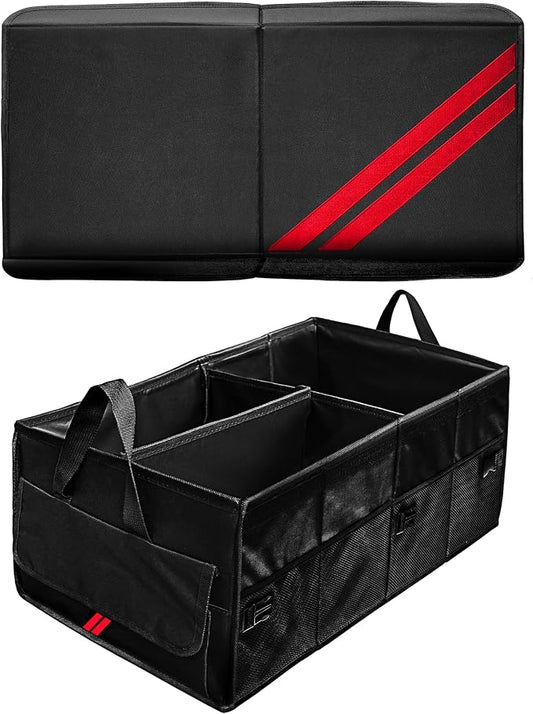 YOSRTER Car Trunk Organizer for Dodge Charger Durango Challenger Ram Collapsible Storage Box with Handle Foldable Lid Non Slip Bottom 2 Compartment Sturdy Base Panel for Dodge Accessories(Red Trim)