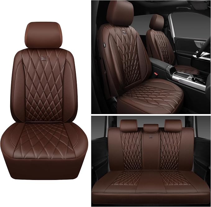 CAR PASS Piping Luxury Faux Leather Seat Covers Full Set, 5 Seats Anti-Slip Waterproof Seat Covers Compatible with Front Armrests, Universal Fit for Suvs,Vans,Trucks,Airbag Compatible, Pure Brown