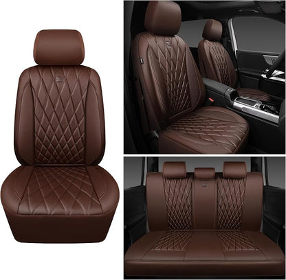 CAR PASS Piping Luxury Faux Leather Seat Covers Full Set, 5 Seats Anti-Slip Waterproof Seat Covers Compatible with Front Armrests, Universal Fit for Suvs,Vans,Trucks,Airbag Compatible, Pure Brown