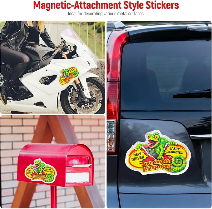 3 Pcs Reflective Student Driver Magnet and Stickers Set - Funny Animal New Driver Safety Signs for Car, Waterproof & Weatherproof High Visibility Vehicle Bumper Decals, Magnet + Stickers (Chameleon)