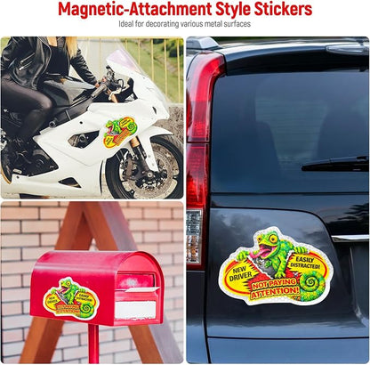 3 Pcs Reflective Student Driver Magnet and Stickers Set - Funny Animal New Driver Safety Signs for Car, Waterproof & Weatherproof High Visibility Vehicle Bumper Decals, Magnet + Stickers (Chameleon)