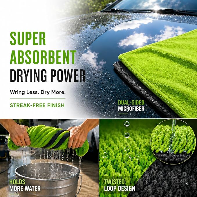 1400 GSM Car Drying Towels – XXL Microfiber Towels for Cars (48" x 24"), Ultra-Absorbent, Streak-Free, Scratch-Free, No Water Spots, Double-Twist Pile & Edgeless Design