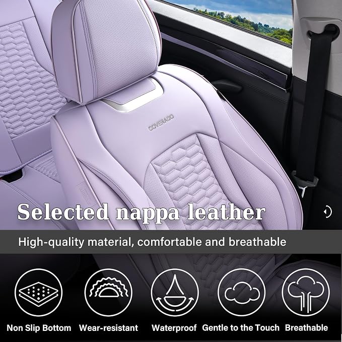Coverado Seat Covers Front Seats, Luxury Leather Purple Car Seat Cover, Waterproof Automotive Car Seat Covers Protector Interior Accessories Universal Fit Most Sedans, SUVs, Pick-up Trucks