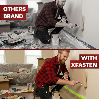 XFasten Pre Taped Masking Paper for Painting 12 Inches x 50 Feet Single Roll Thick Painters Paper with Tape for Cars, Walls, Auto Body — Thick Kraft, Clean Removal Painters Drape with Tape