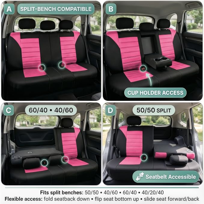 FH Group Automotive Car Seat Covers Rear Set Premium 3D Air Mesh Seat Covers, Airbag Compatible and Split Bench Cover Universal Fit Interior Accessories for Cars Trucks and SUVs - Pink