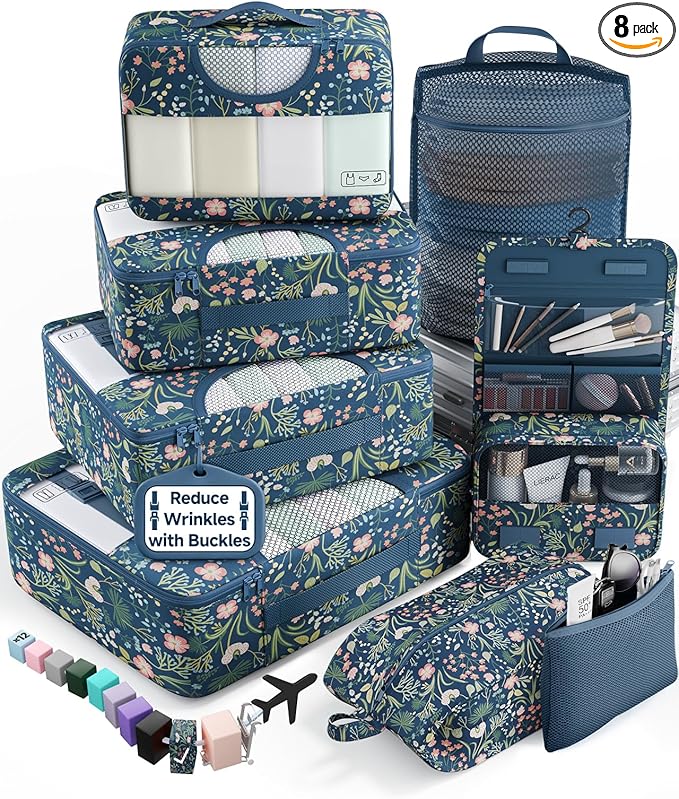 Veken 8 Set Packing Cubes for Travel Essentials,Anti-Wrinkle Buckled Suitcase Organizer for Shoe & Toiletry Bag,Carry On Luggage Bag with 99+ Count Mesh Holes for Airplane & College Dorm Accessories