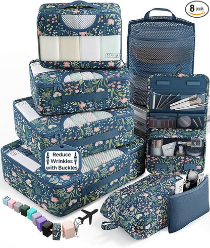 Veken 8 Set Packing Cubes for Travel Essentials,Anti-Wrinkle Buckled Suitcase Organizer for Shoe & Toiletry Bag,Carry On Luggage Bag with 99+ Count Mesh Holes for Airplane & College Dorm Accessories