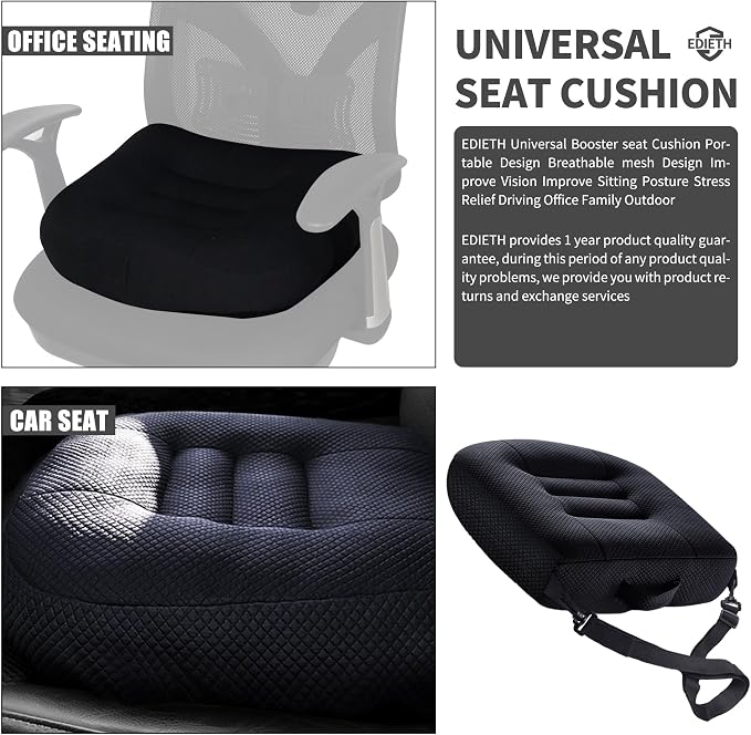 Universal Booster Seat Cushion with Adjustable Height, Breathable Mesh Portable Design with Straps, Improve Vision Improve Sitting Posture Stress Relief Driving Office Family Outdoor - Black