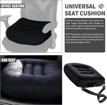 Universal Booster Seat Cushion with Adjustable Height, Breathable Mesh Portable Design with Straps, Improve Vision Improve Sitting Posture Stress Relief Driving Office Family Outdoor - Black