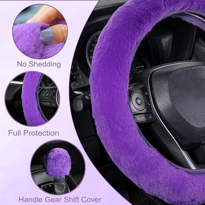 SEG Direct Furry Car Steering Wheel Cover with Fluffy Gear Shift Cover Soft Warm Non-Slip Car Decoration for Women Girls 2 PCS Set, Purple