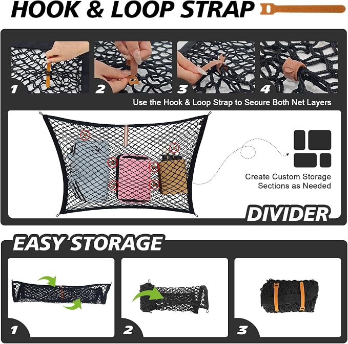 Muslogy Truck Bed Cargo Net Trunk Netting Compatible with 2021-2025 2026 Toyota Sienna Accessories, Pickup Cargo Organizer SUV Sedan Storage Net w/Heavy Duty Carabiners