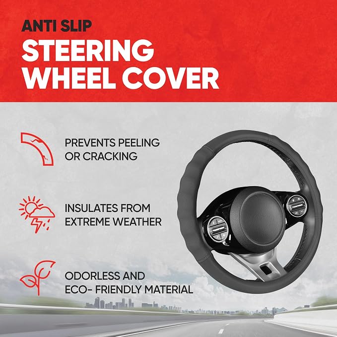 Motor Trend Soft Touch Leather Gray Steering Wheel Cover with Grooves, Advanced Traction Universal Fit for Standard Sizes 14.5 15 15.5 inches
