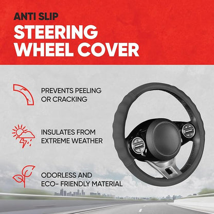 Motor Trend Soft Touch Leather Gray Steering Wheel Cover with Grooves, Advanced Traction Universal Fit for Standard Sizes 14.5 15 15.5 inches