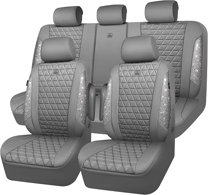 CAR PASS Bling Diamond Gray Leather Car Seat Covers Full Sets Interior Sets, Waterproof Shining Glitter Sparkly Crystal Universal Armrest Fit for Automotive Truck SUV Cute Women Girl, Gray Rhinestone