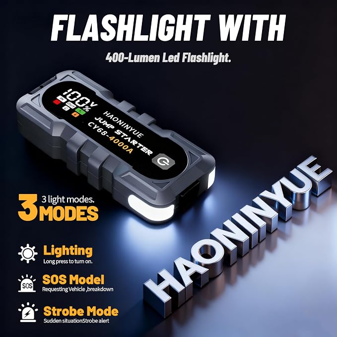 4000A Car Battery Jumper Starter, Battery Jumper Starter Portable (8.0LGas/6L Diesel), 16000mAh Charging Jump Box, Portable Car Jump Starter with Jumper Cables and 600LM LED Light