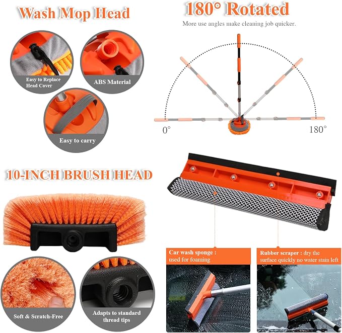 21Pcs Car Wash Kit with 60" Heavy-Duty Extension Pole, Soft Car Wash Brush, Wheel & Tire Brush, Scratch-Free Car Mop Mitt & Window Squeegee, Detailing Tool for Car Exterior & Interior Cleaning