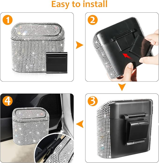 Accmor Bling Car Trash Can with 30pcs Garbage Bags, Vehicle Trash Bin with Lid Auto Dustbin Organizer Garbage Storage, Sparkling Crystal Mini Trash Container Holder