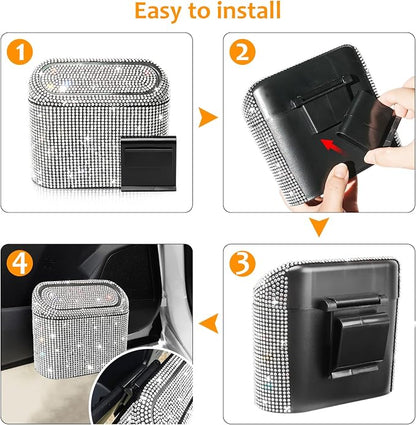 Accmor Bling Car Trash Can with 30pcs Garbage Bags, Vehicle Trash Bin with Lid Auto Dustbin Organizer Garbage Storage, Sparkling Crystal Mini Trash Container Holder