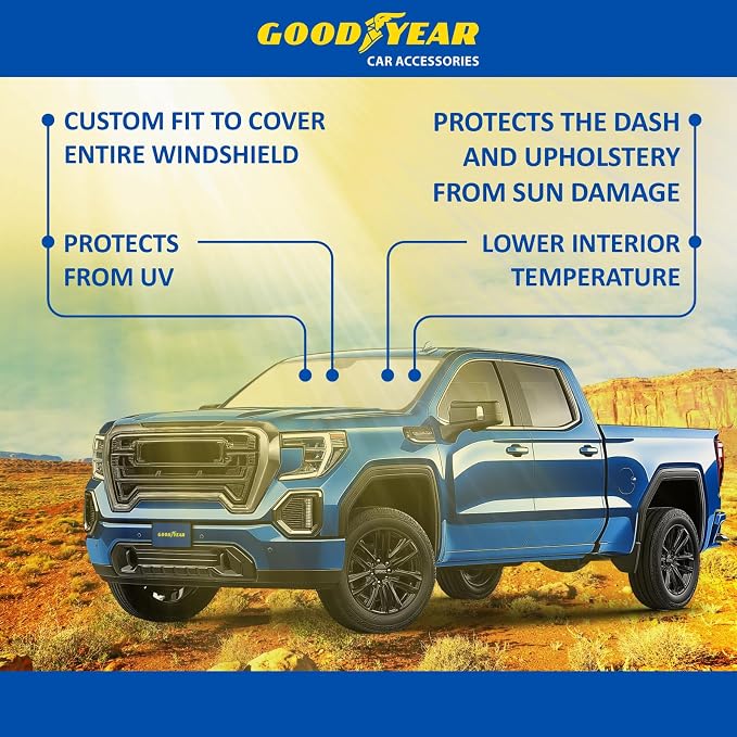 Goodyear Foldable Windshield Sunshade for GMC Sierra 2019-2026, Truck car Accessories, Sunshade Cover, Sun Shade Car Windshield, Window Sun Blocker - GY008227