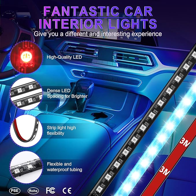 LivTee Car Led Interior Lights，4pcs 48 LED Multicolor Music Car Interior Accessories Under Dash Lighting Waterproof Kit with Sound Active Function and Wireless Remote Control, Car Charger Included