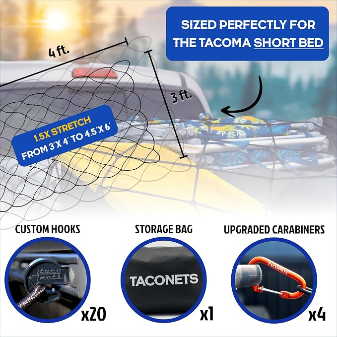TacoNets Titan Cargo Net for Toyota Tacoma Short Bed - Fits 2005-2026 - Patented Bed Rail Integration - Heavy Duty 8mm Premium Bungee 3'x4' Cargo Netting - Designed in USA
