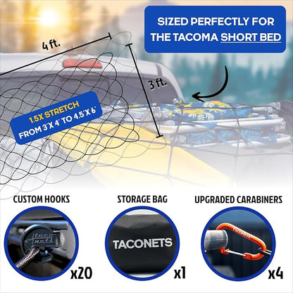 TacoNets Titan Cargo Net for Toyota Tacoma Short Bed - Fits 2005-2026 - Patented Bed Rail Integration - Heavy Duty 8mm Premium Bungee 3'x4' Cargo Netting - Designed in USA