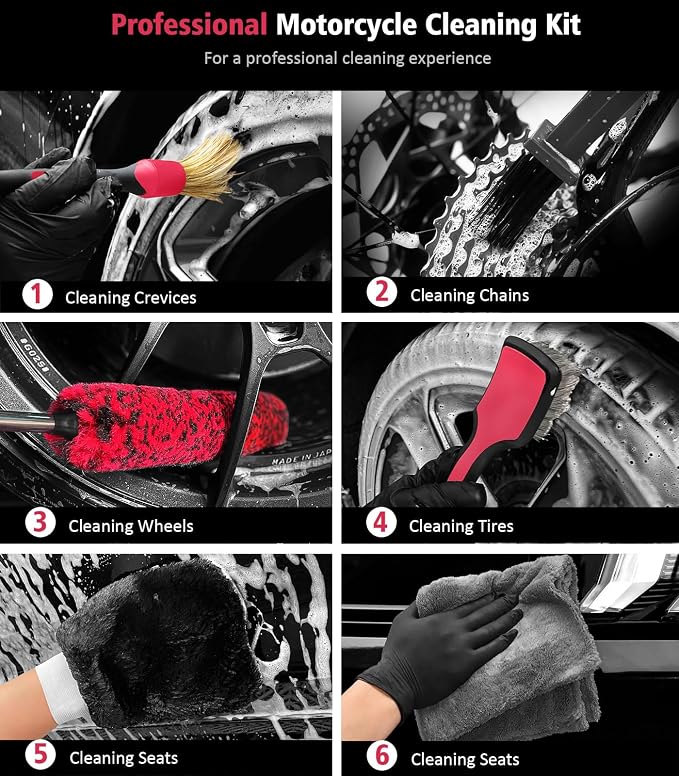 YeewayVeh 6PCS Motorcycle Cleaning Kit with Boar Hair Detailing Brush-Pro Safe for Chrome,Chain, Tire & Engine, Bendable Wheel Brush, Tire and Chain Brush, Wash Mitt & Microfiber Towel for Dirt Bike