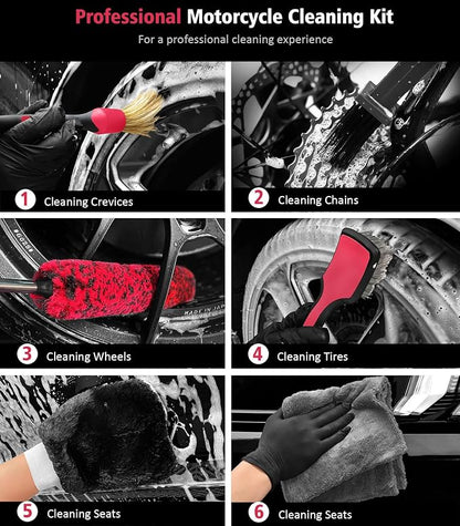 YeewayVeh 6PCS Motorcycle Cleaning Kit with Boar Hair Detailing Brush-Pro Safe for Chrome,Chain, Tire & Engine, Bendable Wheel Brush, Tire and Chain Brush, Wash Mitt & Microfiber Towel for Dirt Bike