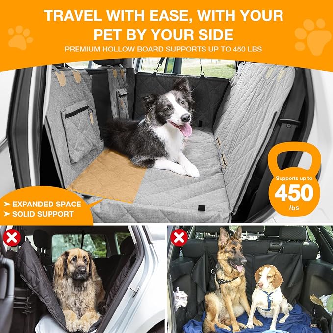 Dog Car Seat Cover for Back Seat, Hard Bottom Back Seat Extender for Dogs, Waterproof Car Hammock, Backseat Bed and Car Seat Protector, Nonslip Fit for Cars, SUVs, Trucks, 52 x 25 in, Gray