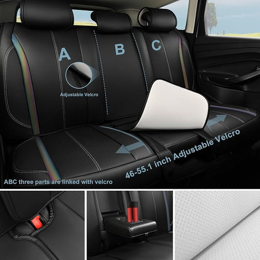 CAR PASS Back Seat Covers, Nappa Leather Rear Seat Bench Cushion Waterproof Breathable Back Row Protector Universal Fit for Car Sedan SUV Pickup Truck, Back Rear Black Chameleon Iridescent Reflective